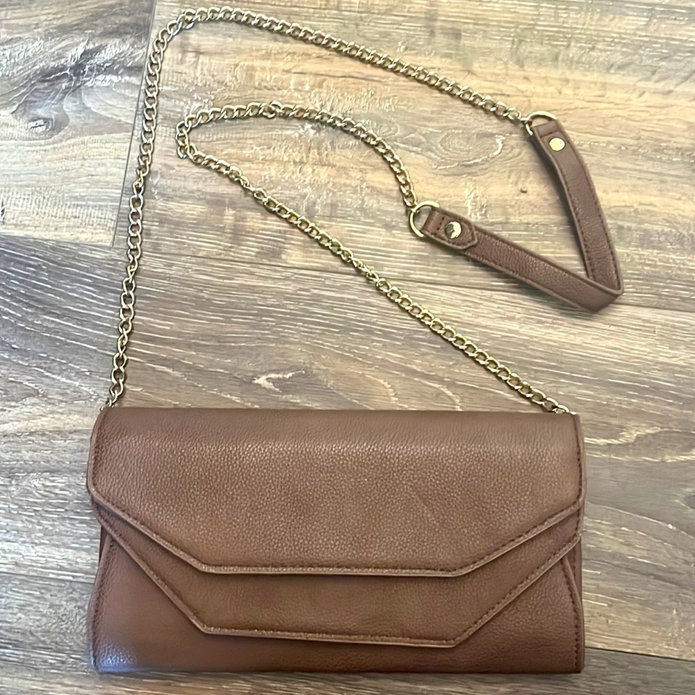 Brown Faux Leather Clutch with Removable Gold Chain